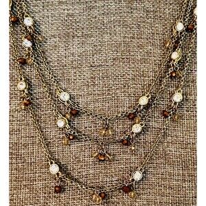 LOFT GOLD TONE 3 STRAND CRYSTALS 16”-19” NECKLACE CLEAR BEVELED/COPPER CRYSTALS